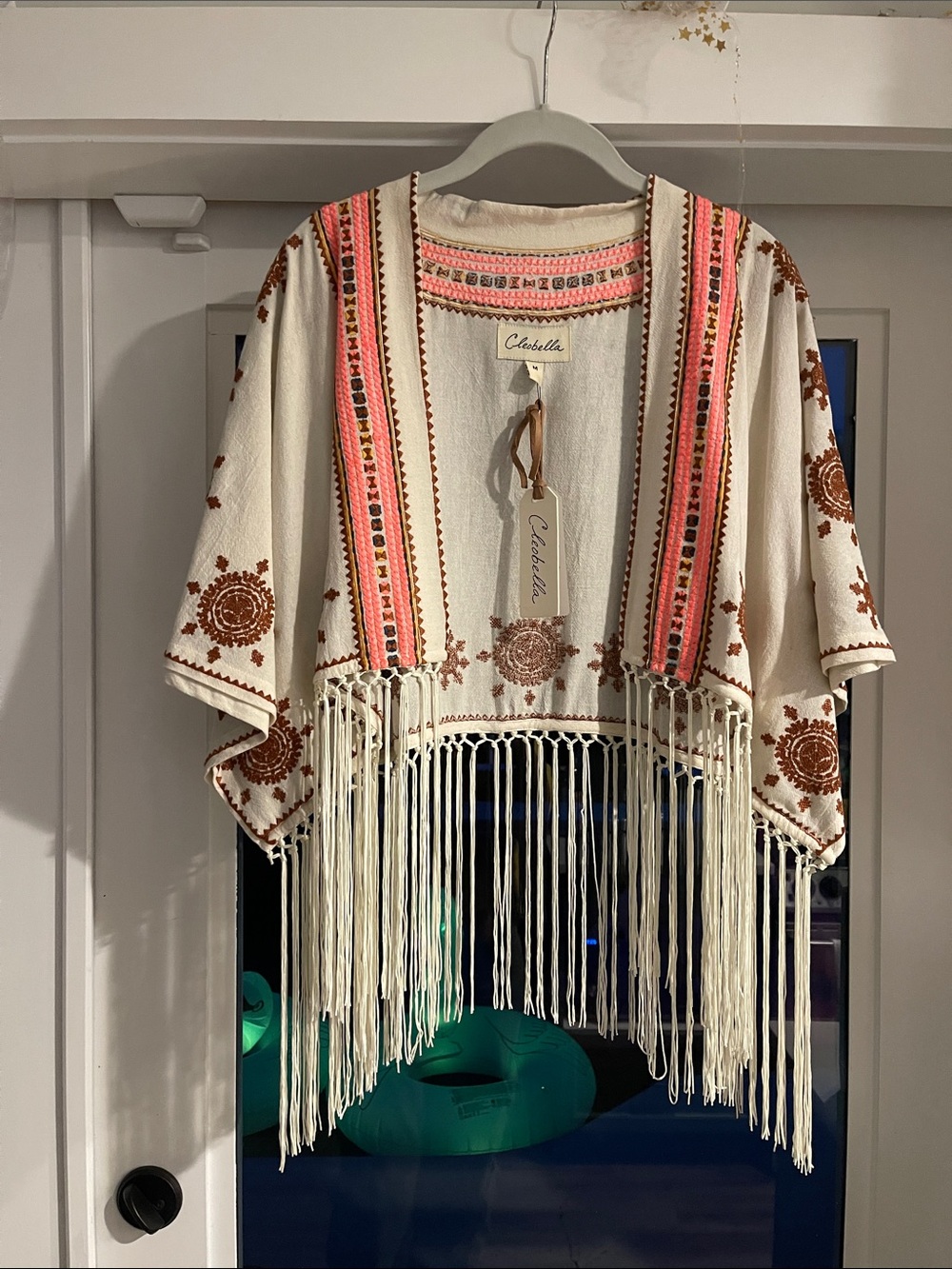 Cleobella Cream Fringe Embroidered Kimono with Pink & Brown Trim